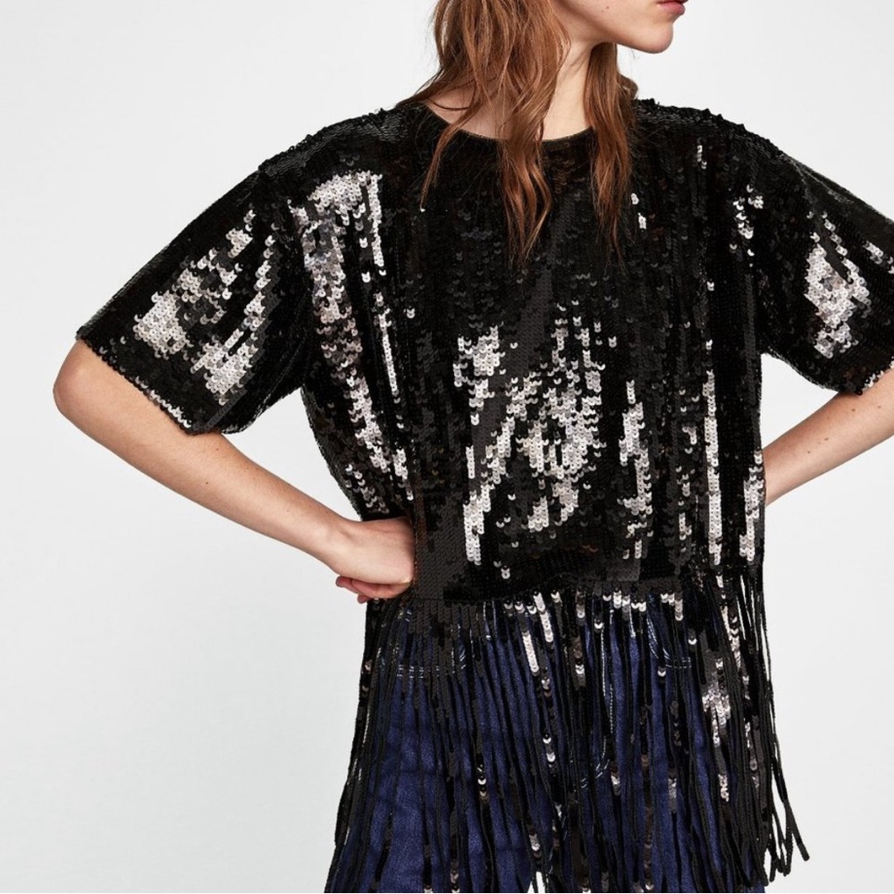 ZARA black sequin fringe top